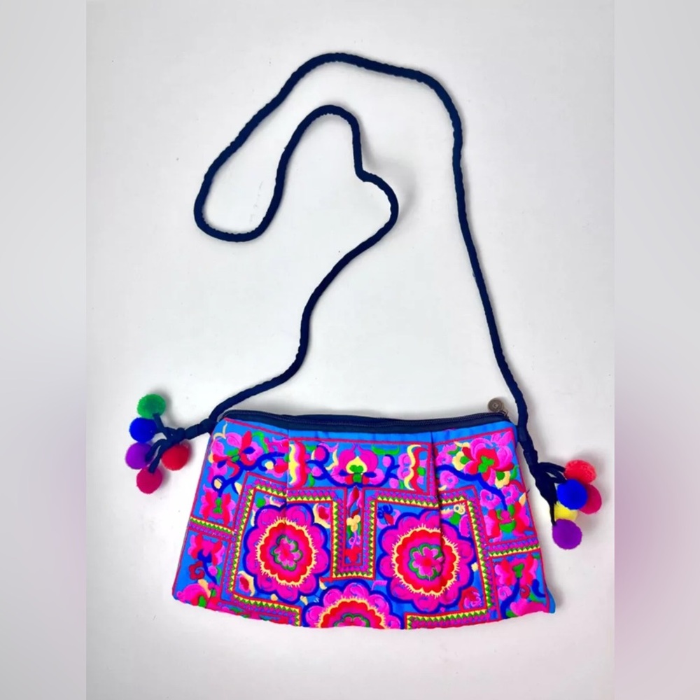Bohemian Embroidered Pom-Pom crossbody and clutch Bag Multicolor Floral Pattern